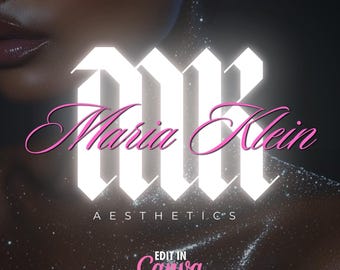 May include: A white graphic with the text "MK Maria Klein AESTHETICS" in a bold, gothic font. The text is set against a dark background with a sparkling effect. The text "EDIT IN Canva" is in pink at the bottom of the graphic.