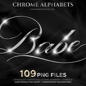 Chrome Script Alphabet PNG, lettres métalliques de luxe, police argentée brillante, lettres cursives chromées, fichiers PNG de l'Alphabet numérique, 300 DPI #117