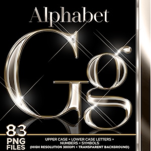 May include: A set of 83 gold and silver alphabet letters, numbers, and symbols with a shiny, reflective finish. The letters are uppercase and lowercase. The background is black.