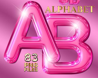 Può includere: Alfabeto 3D rosa con le lettere 'A' e 'B' su sfondo rosa sfumato. L'immagine include il testo '3D ALPHABET', '83 PNG FILES' e dettagli sui caratteri inclusi e sulla risoluzione.