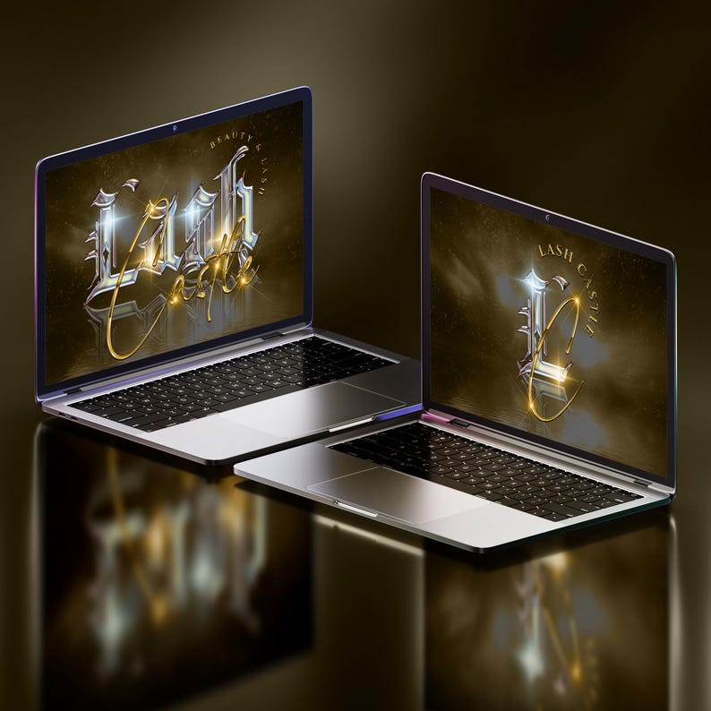 May include: Two silver laptops with black keyboards. The laptop on the left has a gold and silver graphic that says "Beauty & Lash Castle". The laptop on the right has a gold and silver graphic that says "Lash Castle".