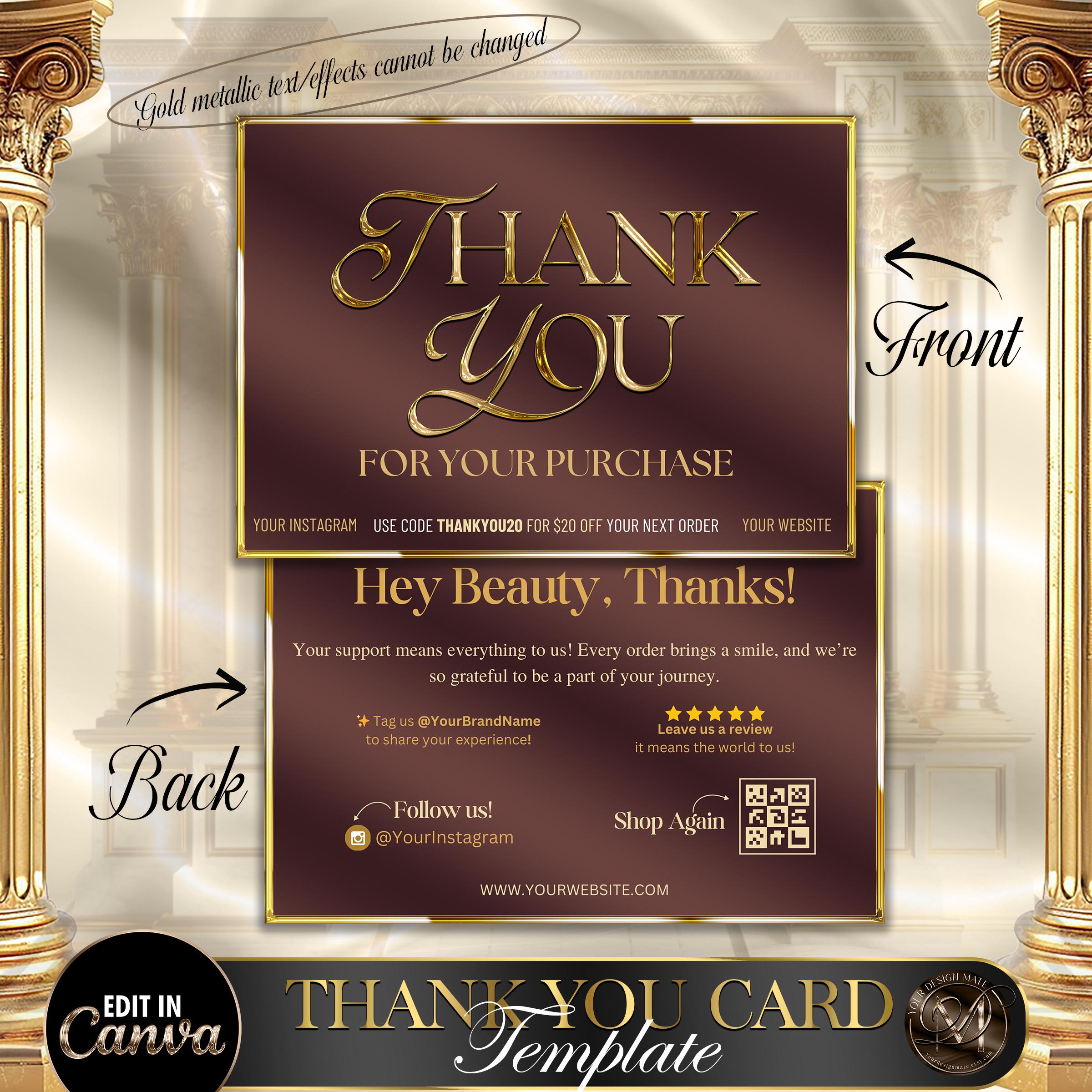 Luxury Thank You Card Template, Gold Metallic Thank You Card, Editable ...