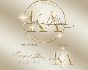 May include: Gold logo design for a makeup artist named Karizma Allen. The main logo features the initials "KA" in a circle with the text "Semi-Permanent Makeup Artist". The alternate logo features the full name "Karizma Allen" in cursive with the text "Semi-Permanent Makeup Artist". The submark logo features the initials "KA" in a square.
