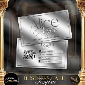 Sjabloon voor luxe zilveren visitekaartjes, visitekaartje voor DIY Beauty, bewerkbaar canvasontwerp voor wimpers, make-up, nagels en salonprofessionals #6