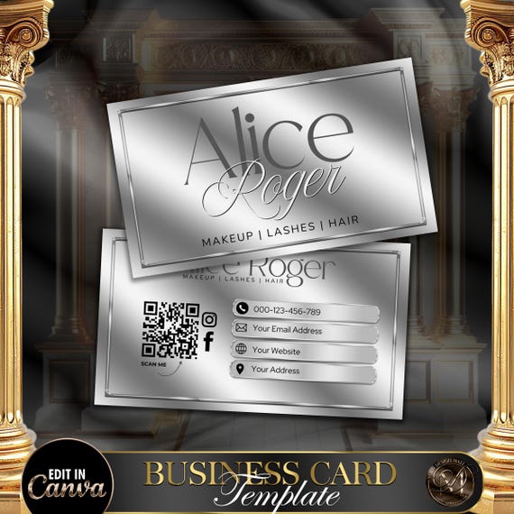 Luxurious Silver Business Card Template, DIY Beauty Visiting Card, Editable Canva Design for Lash, Makeup, Nails & Salon Professionals #6