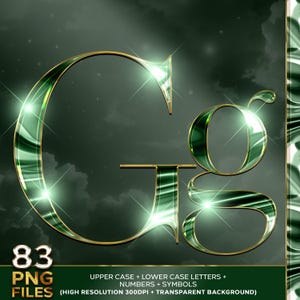 Alfabeto cromado verde esmeralda de lujo, imágenes prediseñadas, letras metálicas glamorosas PNG, alfabetos A-Z de color verde brillante, descarga digital instantánea, conjunto n.° 88