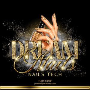 Puede incluir: Logotipo de salón de manicura en texto dorado con purpurina llamado "Dream Nails" con el lema "Nails Tech". El logotipo también incluye una mano sosteniendo una botella de esmalte de uñas dorado con purpurina.