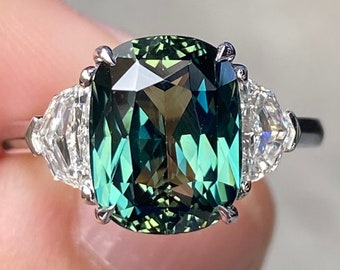 Gorgeous GIA Unheated 5.8 Ctw Teal Green Sapphire & F VVS Diamond 18K White Gold Ring Cushion Three Stone Brand New engagement peacock