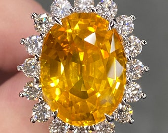 Spectacular GRS 18 Ctw Vivid Golden Yellow Ceylon Sapphire & VVS Diamond Platinum Ring Vibrant Award Large Huge Cocktail Princess Diana Halo