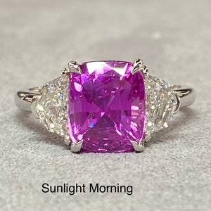 Very Special GIA Unheated 5 Ctw Vivid Pink Sapphire & E VVS Diamond Platinum Ring Statement three stone engagement art deco hot cushion cut image 9