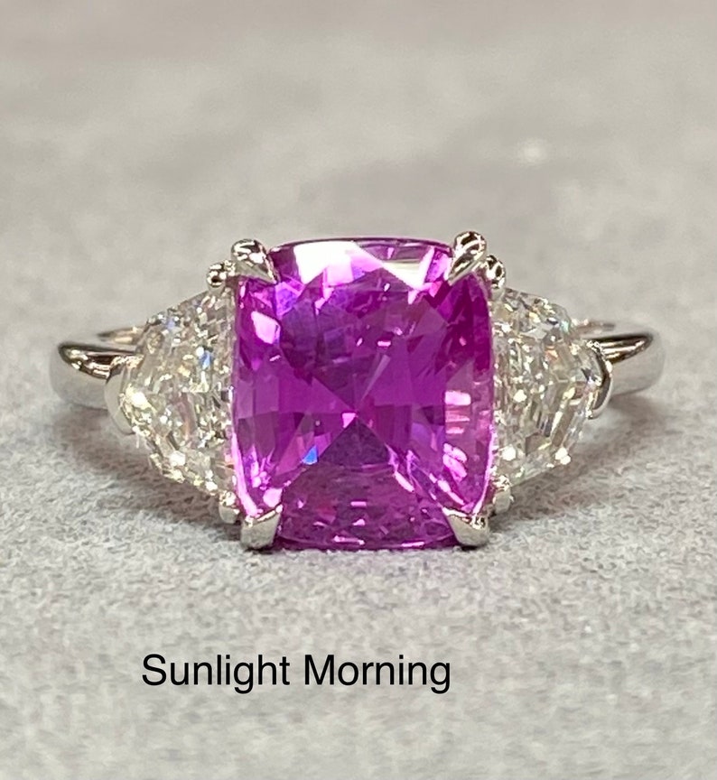 Very Special GIA Unheated 5 Ctw Vivid Pink Sapphire & E VVS Diamond Platinum Ring Statement three stone engagement art deco hot cushion cut image 9