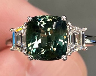 Exceptional GIA Unheated 3.7 Ctw Green Sapphire & D VVS Diamond 18K White Gold Ring