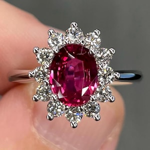 Exceptional Certified 2.2 Ctw Unheated Bright Red Ruby & E VS Diamond Platinum Halo Ring Oval TOP Gem