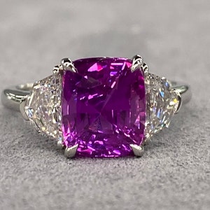 Very Special GIA Unheated 5 Ctw Vivid Pink Sapphire & E VVS Diamond Platinum Ring Statement three stone engagement art deco hot cushion cut image 1