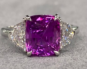 Very Special GIA Unheated 5 Ctw Vivid Pink Sapphire & E VVS Diamond Platinum Ring Statement three stone engagement art deco hot cushion cut