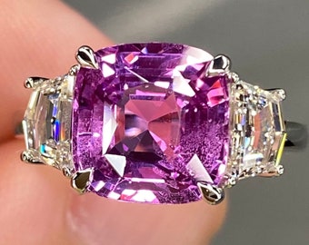 Amazing GIA Unheated 6.1 Ctw Pink Sapphire & F VVS Diamond Ring Platinum Cushion Three Stone Engagement Statement Art Deco