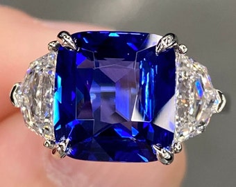 Exceptional GIA 7.8 Ctw Royal Blue Sapphire & D VVS Diamond Platinum Ring Cushion Three Stone Engagement Statement Large Square