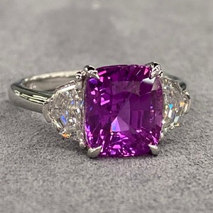 Very Special GIA Unheated 5 Ctw Vivid Pink Sapphire & E VVS Diamond Platinum Ring Statement three stone engagement art deco hot cushion cut image 7