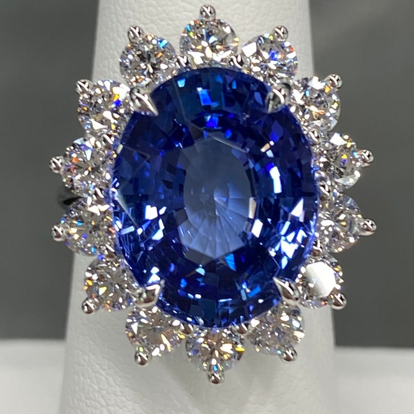 Exceptional, Flawless GIA 14.3 Ctw Blue Sapphire & DEF VVS Diamond Halo Platinum Ring Ceylon Oval Natural Princess Diana Inspired Statement