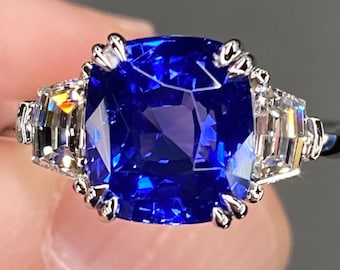 Exceptional GIA 5 Ctw Peacock Blue Ceylon Sapphire & D VVS Diamond Ring Platinum Cushion Three Stone Engagement Statement Art Deco Royal