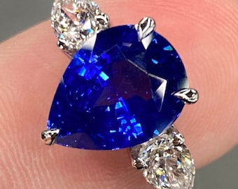 Exceptionell GIA 6,5 karat blåklint blå Ceylon safir & E VVS diamantring platina päron förlovningscocktail tre stenar stor jubileumsring