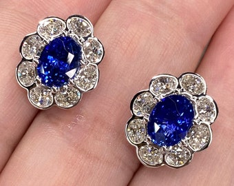 Amazing GIA 7.3 Ctw Royal Blue Ceylon Sapphire & E VVS Oval Diamond Earrings 18K White Gold Halo Cluster Stud Clip