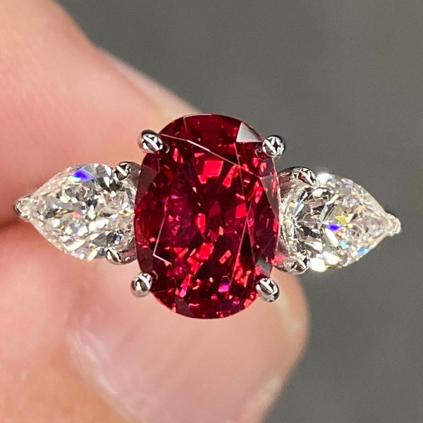 Incredible GIA 3.7 Ctw Vivid Blood Red Burmese Spinel & Diamond Ring 18K White Gold Three Stone Oval Statement Cocktail Unheated Oval