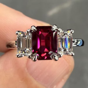 Rare GIA Certified Unheated 1.7 Ctw Crimson Red Ruby & D VS Natural Diamond Platinum Ring Petite Three Stone Emerald Cut