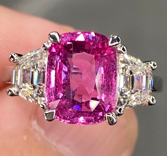 Jianna Cushion Lab Created Pink Sapphire and Round Black Diamond 2.30 ctw  Women Bypass 2 Stone Promise Ring Platinum | TriJewels
