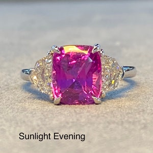 Very Special GIA Unheated 5 Ctw Vivid Pink Sapphire & E VVS Diamond Platinum Ring Statement three stone engagement art deco hot cushion cut image 10