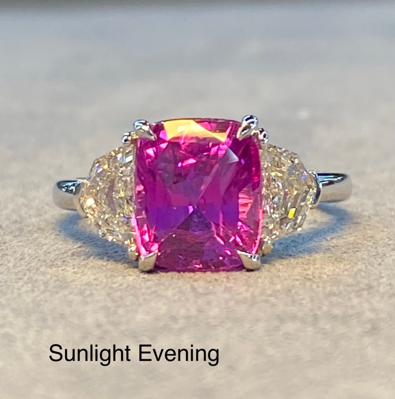 Very Special GIA Unheated 5 Ctw Vivid Pink Sapphire & E VVS Diamond Platinum Ring Statement three stone engagement art deco hot cushion cut image 10