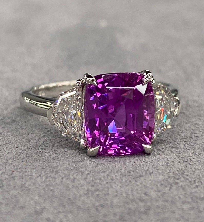 Very Special GIA Unheated 5 Ctw Vivid Pink Sapphire & E VVS Diamond Platinum Ring Statement three stone engagement art deco hot cushion cut image 5