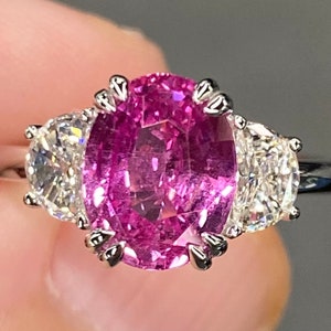 Gorgeous 4 Ctw Vivid Pink Ceylon Sapphire & VVS Diamond Platinum Ring Half Moon Oval Engagement Three Stone Statement Cocktail