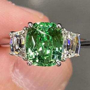 Exceptional GIA 3.8 Ctw Neon Green Tsavorite Garnet & D VVS Diamond Platinum Ring Cushion Three Stone Engagement Statement