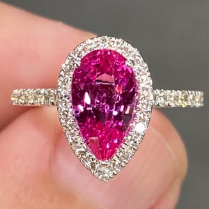 Exceptional GRS Unheated 3 Ctw Neon Pink Sapphire & E VVS Diamond 18K White Gold Ring Elongated Pear Halo Engagement Stackable