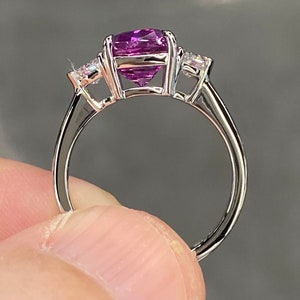 Very Special GIA Unheated 5 Ctw Vivid Pink Sapphire & E VVS Diamond Platinum Ring Statement three stone engagement art deco hot cushion cut image 8
