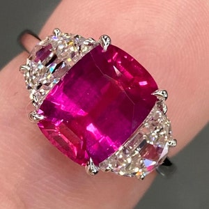 Spectacular GIA 4.2 Ctw Vivid Red Ruby & F VS Diamond 18K White Gold Ring Natural Cushion Three Stone Half Moon Statement Engagement