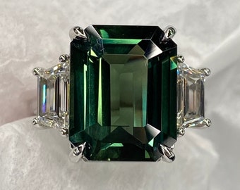 Spectacular GIA Unheated 11.5 Ctw Green Sapphire & F VVS Diamond Platinum Ring Emerald Cut Teal Natural Three Stone