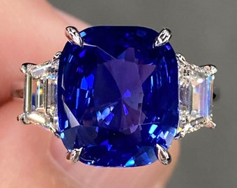 Incredible GIA 8.2 Ctw Vivid Blue Sapphire & E VVS Diamond 18K White Gold Ring Natural Cushion Three Stone Royal Large Engagement Statement