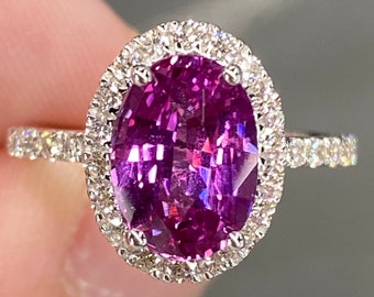 Gorgeous Unheated 3.8 Ctw Vivid Purplish Pink Sapphire & VVS Diamond Ring 18K White Gold