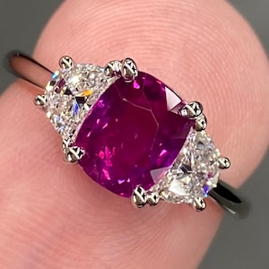 Stunning GIA 2.6 Ctw Ruby & E VS Diamond Platinum Ring Natural Purplish Red Cushion Half Moon Three Stone
