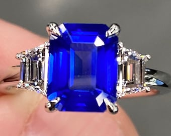 Gorgeous GIA 4 Ctw Intense Cornflower Blue Ceylon Sapphire & D VVS Diamond Ring Platinum (Kashmir Color) Emerald Cut Art Deco Engagement
