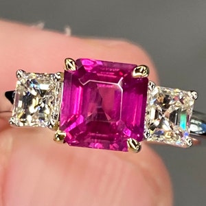 GIA Certified Unheated 3 Ctw Pomegranate Red Ruby & VS Diamond Platinum 18K Yellow Gold Two Tone Ring Asscher Cut