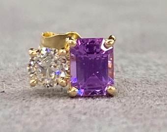 Brincos de pino estilo Toi et Moi de ouro amarelo 18K sólidos com safira roxa viva de 3/4 quilates e diamante lapidado em mina antiga, estilo Toi et Moi, com fecho de pressão