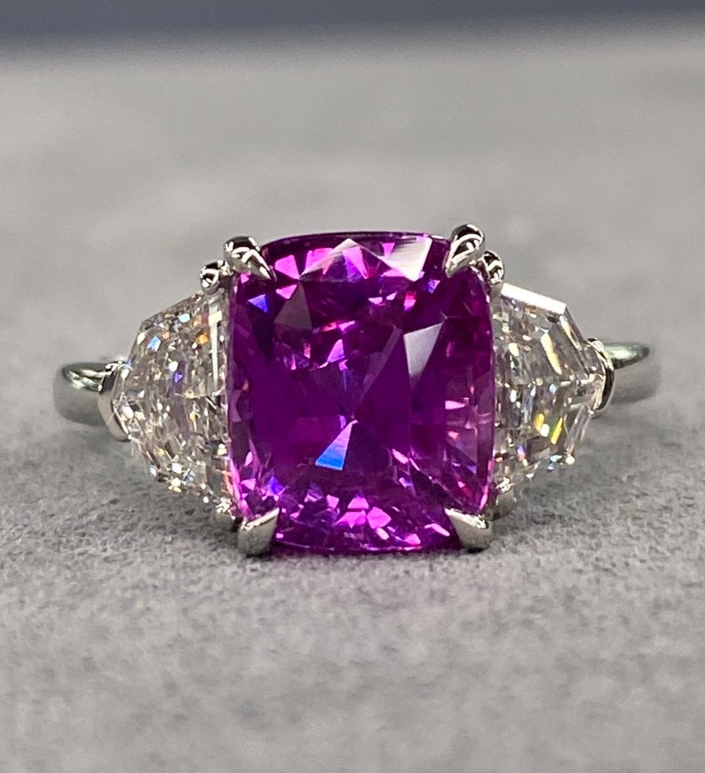Very Special GIA Unheated 5 Ctw Vivid Pink Sapphire & E VVS Diamond Platinum Ring Statement three stone engagement art deco hot cushion cut image 3