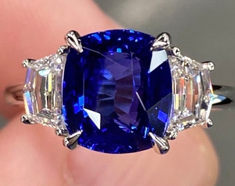 Exceptionell felfri GIA 4,5 karat kunglig blå Ceylon safir & D VVS diamant platina ring kudde tre stenar förlovning naturlig aaa modern