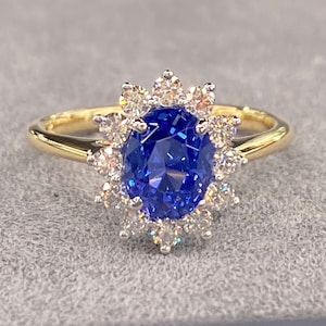 Beautiful GRS Unheated 2 Ctw Blue Sapphire & VVS Diamond 18K Two Stone Ring Petite Princess Diana Style Oval Natural Engagement Dainty