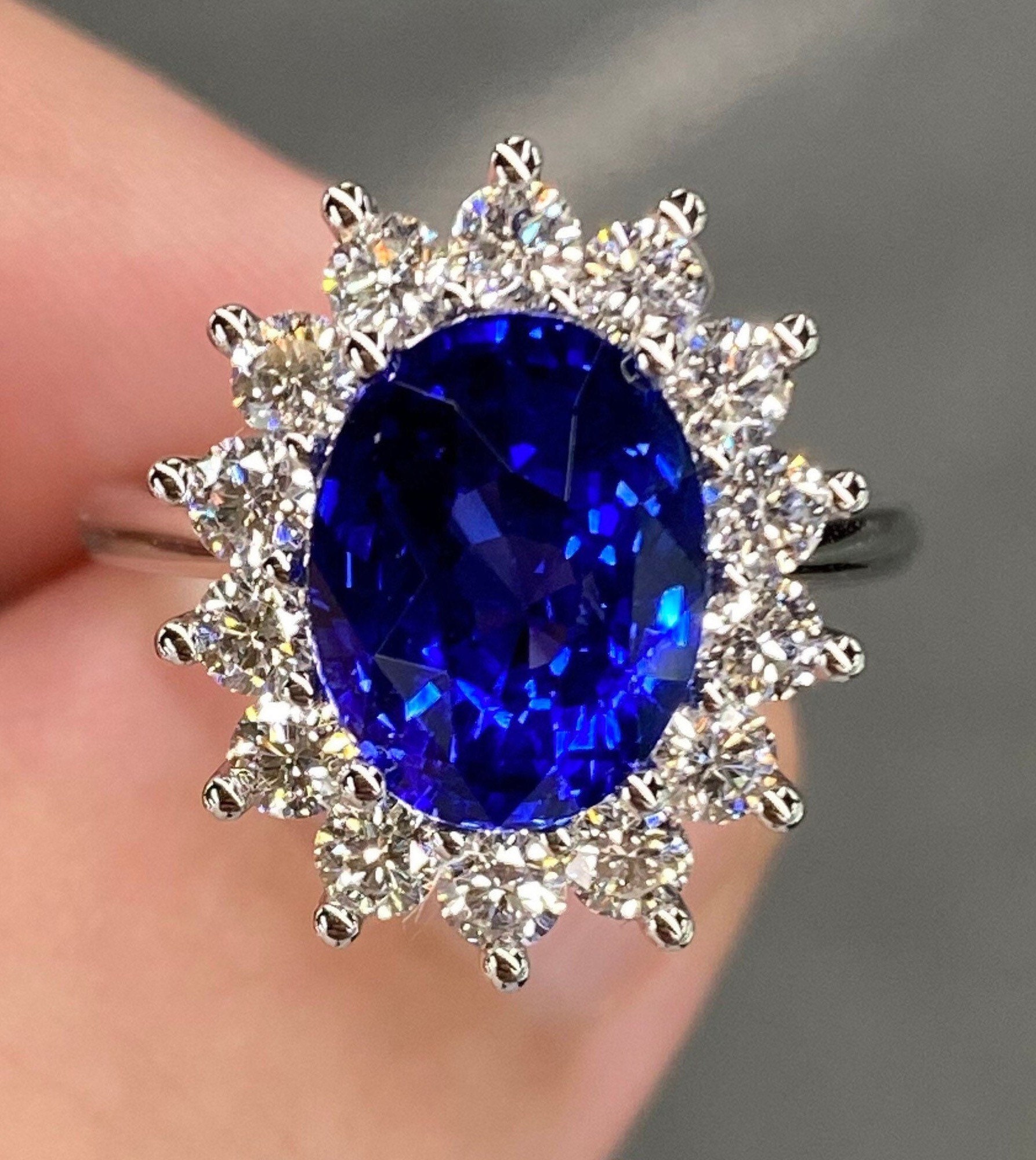 Royal Blue Round Moissanite Halo Engagement Ring
