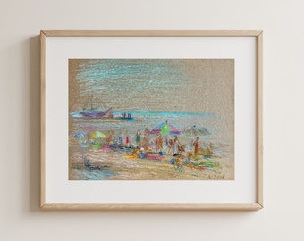 VINTAGE ORIGINAL PAINTING, watercolor painting, impressionism, landscape, seascape, Relax on the beach, artist L. Kovalenko