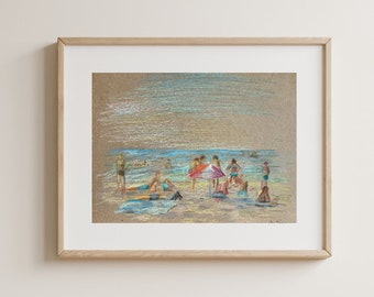 VINTAGE ORIGINAL PAINTING, watercolor painting, impressionism, landscape, seascape, Relax on the beach, artist L. Kovalenko